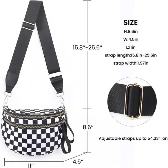 Checkered Crossbody Bags Bum Bag for Women Large Sling Bag Purse with Adjustable